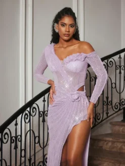Embellishment|Dresses*Lu Yili Chaperel Long Sleeve Sequin Split Maxi Dress