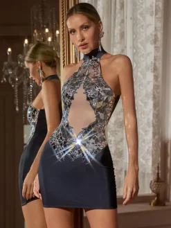 Embellishment|Dresses*Embellishment Charae High Neck Acrylic Mini Dress