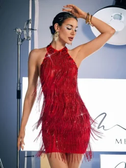 Embellishment|Dresses*Embellishment Charlize Crystal Fringe Mini Dress In Red