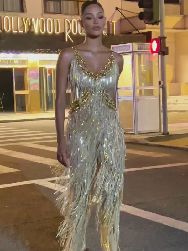Jumpsuits & Romper|Embellishment*Nuo Fansi Charnita V Neck Rhinestone Fringe Jumpsuit