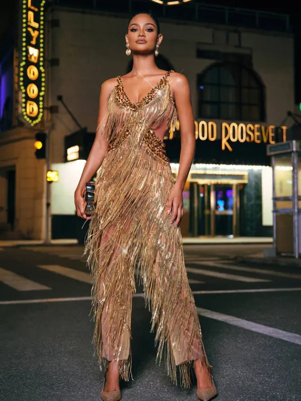 Jumpsuits & Romper|Embellishment*Nuo Fansi Charnita V Neck Rhinestone Fringe Jumpsuit
