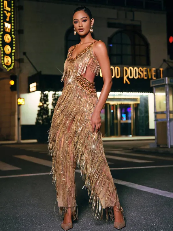 Jumpsuits & Romper|Embellishment*Nuo Fansi Charnita V Neck Rhinestone Fringe Jumpsuit