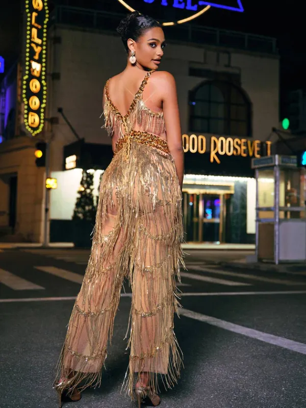 Jumpsuits & Romper|Embellishment*Nuo Fansi Charnita V Neck Rhinestone Fringe Jumpsuit