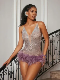 Bodysuits|Tops*Embellishment Charsian V Neck Rhinestone Feather Bodysuit