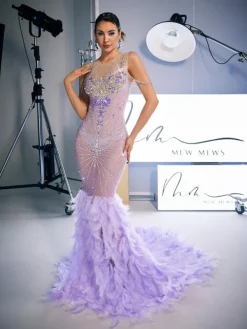 Embellishment|Dresses*Nuo Fansi Chaviv Rhinestone Feather Maxi Dress