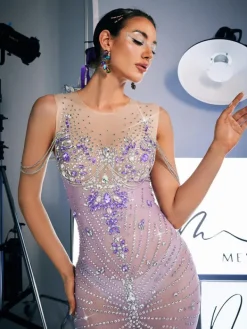 Embellishment|Dresses*Nuo Fansi Chaviv Rhinestone Feather Maxi Dress
