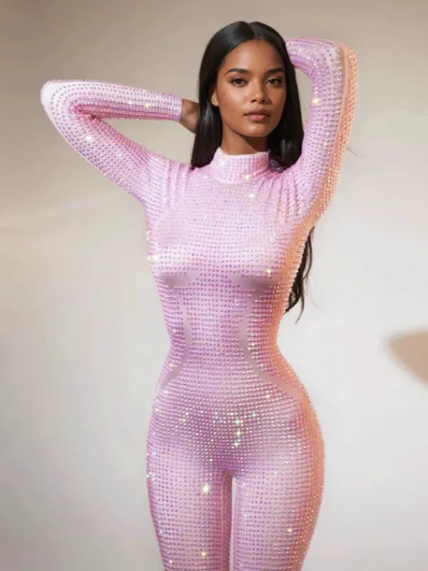 Jumpsuits & Romper*Jiu Bajia O/S Chaylee Long Sleeve Rhinestone Jumpsuit