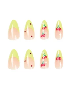 Press On Nails*Mew Mews Fashion Cherry French Green Edge Press On Nails