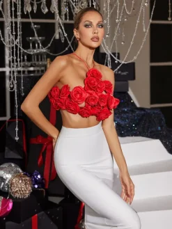 Tops*Mew Mews Fashion O/S Chesley Halterneck Flower Top In Red