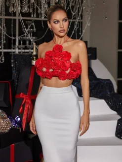 Tops*Mew Mews Fashion O/S Chesley Halterneck Flower Top In Red