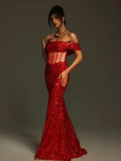 Embellishment|Dresses*Lu Yili Christena Off Shoulder Sequin Corset Maxi Dress
