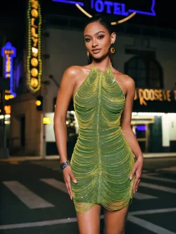 Embellishment|Dresses*Embellishment Cinzia Halterneck Diamond Chain Mesh Mini Dress In Green