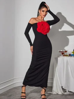 Dresses|Maxi Dresses*Mew Mews Fashion Claus Off Shoulder Red Flower Maxi Dress