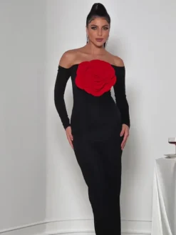 Dresses|Maxi Dresses*Mew Mews Fashion Claus Off Shoulder Red Flower Maxi Dress
