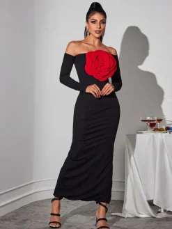 Dresses|Maxi Dresses*Mew Mews Fashion Claus Off Shoulder Red Flower Maxi Dress
