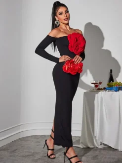 Dresses|Maxi Dresses*Mew Mews Fashion Claus Off Shoulder Red Flower Maxi Dress