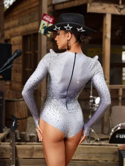 Bodysuits|Tops*Jiu Bajia O/S Clora Long Sleeve Rhinestone Bodysuit
