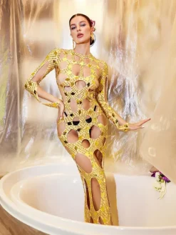 Embellishment|Dresses*Embellishment O/S Cocona Square Hollow Embellished Dress In Gold