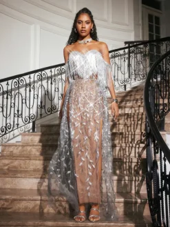 Embellishment|Dresses*Embellishment O/S Codruta Strapless Leafy Fringe Maxi Dress In Sliver