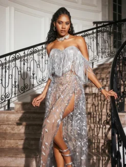 Embellishment|Dresses*Embellishment O/S Codruta Strapless Leafy Fringe Maxi Dress In Sliver