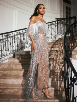 Embellishment|Dresses*Embellishment O/S Codruta Strapless Leafy Fringe Maxi Dress In Sliver