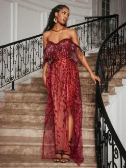 Dresses|Maxi Dresses*Jiu Bajia O/S Codruta Strapless Leafy Fringe Maxi Dress In Wine