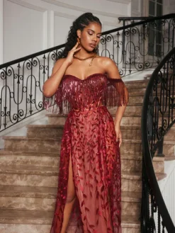 Dresses|Maxi Dresses*Jiu Bajia O/S Codruta Strapless Leafy Fringe Maxi Dress In Wine