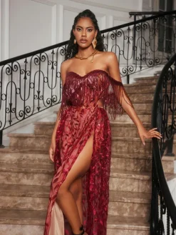 Dresses|Maxi Dresses*Jiu Bajia O/S Codruta Strapless Leafy Fringe Maxi Dress In Wine