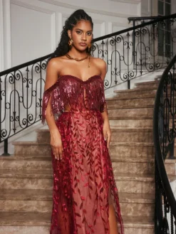 Dresses|Maxi Dresses*Jiu Bajia O/S Codruta Strapless Leafy Fringe Maxi Dress In Wine