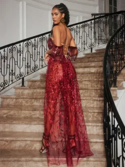 Dresses|Maxi Dresses*Jiu Bajia O/S Codruta Strapless Leafy Fringe Maxi Dress In Wine