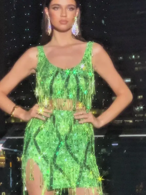 Sets & Co-ords|Embellishment*Embellishment Colette Crystal Chain Fringe Split Skirt Set In Green