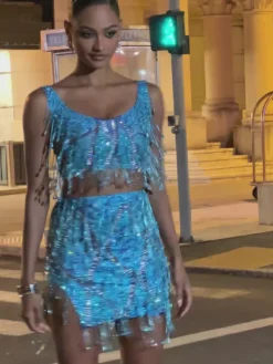 Sets & Co-ords|Embellishment*Embellishment Colette Crystal Chain Fringe Split Skirt Set In Blue