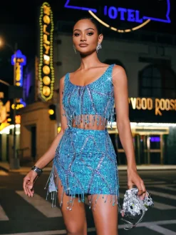 Sets & Co-ords|Embellishment*Embellishment Colette Crystal Chain Fringe Split Skirt Set In Blue