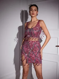 Sets & Co-ords|Embellishment*Embellishment Colette Crystal Chain Fringe Split Skirt Set In Pink