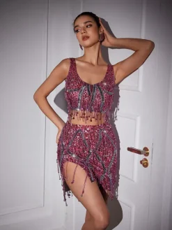 Sets & Co-ords|Embellishment*Embellishment Colette Crystal Chain Fringe Split Skirt Set In Pink