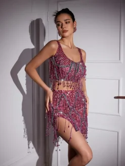 Sets & Co-ords|Embellishment*Embellishment Colette Crystal Chain Fringe Split Skirt Set In Pink