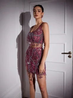 Sets & Co-ords|Embellishment*Embellishment Colette Crystal Chain Fringe Split Skirt Set In Pink