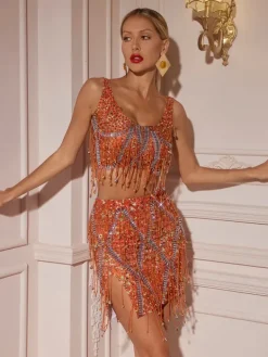 Sets & Co-ords|Embellishment*Embellishment Colette Crystal Chain Fringe Split Skirt Set In Orange