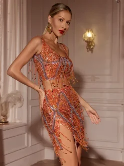 Sets & Co-ords|Embellishment*Embellishment Colette Crystal Chain Fringe Split Skirt Set In Orange