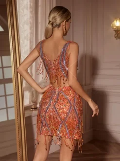 Sets & Co-ords|Embellishment*Embellishment Colette Crystal Chain Fringe Split Skirt Set In Orange
