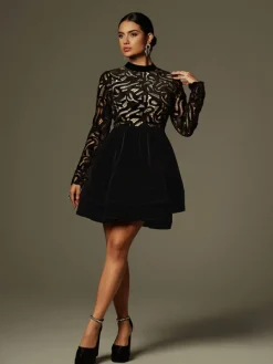 Dresses|Mini Dresses*Mew Mews Fashion Coralie Long Sleeve Lace Velvet Mini Dress