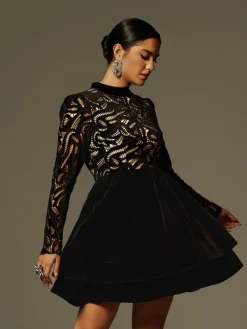 Dresses|Mini Dresses*Mew Mews Fashion Coralie Long Sleeve Lace Velvet Mini Dress
