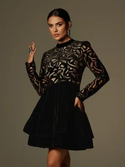 Dresses|Mini Dresses*Mew Mews Fashion Coralie Long Sleeve Lace Velvet Mini Dress
