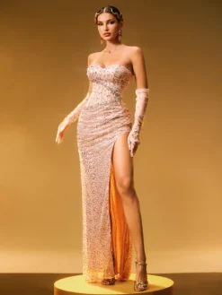 Embellishment|Dresses*Lu Yili Coralyn Strapless Rhinestone Split Maxi Dress