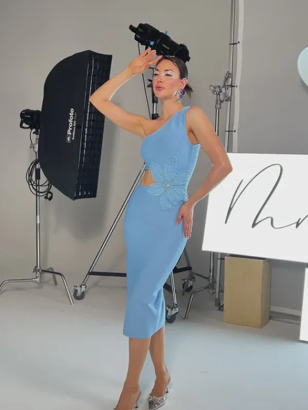 Dresses|Midi Dresses*Bandage Cordian One Shoulder Pearl Flower Midi Dress