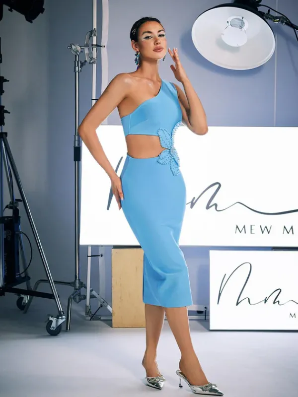 Dresses|Midi Dresses*Bandage Cordian One Shoulder Pearl Flower Midi Dress