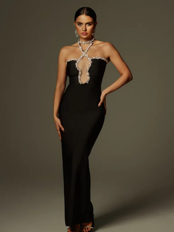 Dresses|Maxi Dresses*Bandage Cornie Halterneck Rhinestone Maxi Dress