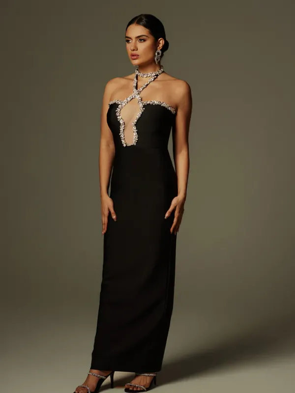 Dresses|Maxi Dresses*Bandage Cornie Halterneck Rhinestone Maxi Dress