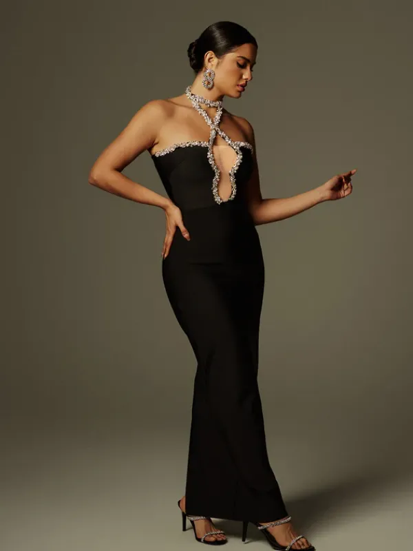 Dresses|Maxi Dresses*Bandage Cornie Halterneck Rhinestone Maxi Dress