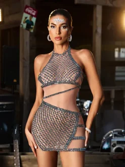 Embellishment|Dresses*Embellishment Corvain Rhinestone Mesh Mini Dress In Black